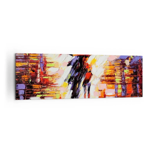 Obraz na płótnie - Abstrakcyjna scena spaceru pod parasolem w deszczową noc - 160x50cm - Razem przez noc i deszcz - Nowoczesna dekoracja ścienna do salonu i sypialni ARTTOR