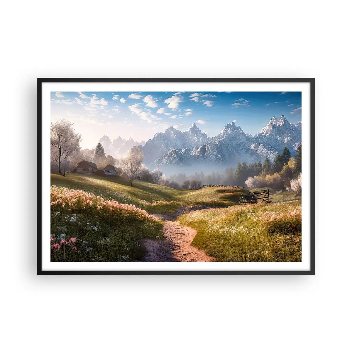 Plakat w czarnej ramie - Górska dolina z łąkami, chatami i widokiem na szczyty - 100x70cm - Sielska dolina - Nowoczesna dekoracja ścienna do salonu i sypialni ARTTOR