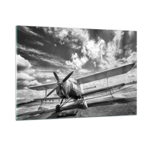 Obraz na szkle - Czarno-białe zdjęcie klasycznego samolotu dwupłatowego - 120x80cm - Nie mogę się doczekać! - Nowoczesna dekoracja ścienna do salonu, kuchni i sypialni ARTTOR