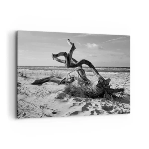 Obraz na płótnie - Czarno-biały krajobraz z martwym drzewem na plaży - 100x70cm - Morska rzeźba - Nowoczesna dekoracja ścienna do salonu, kuchni i sypialni ARTTOR