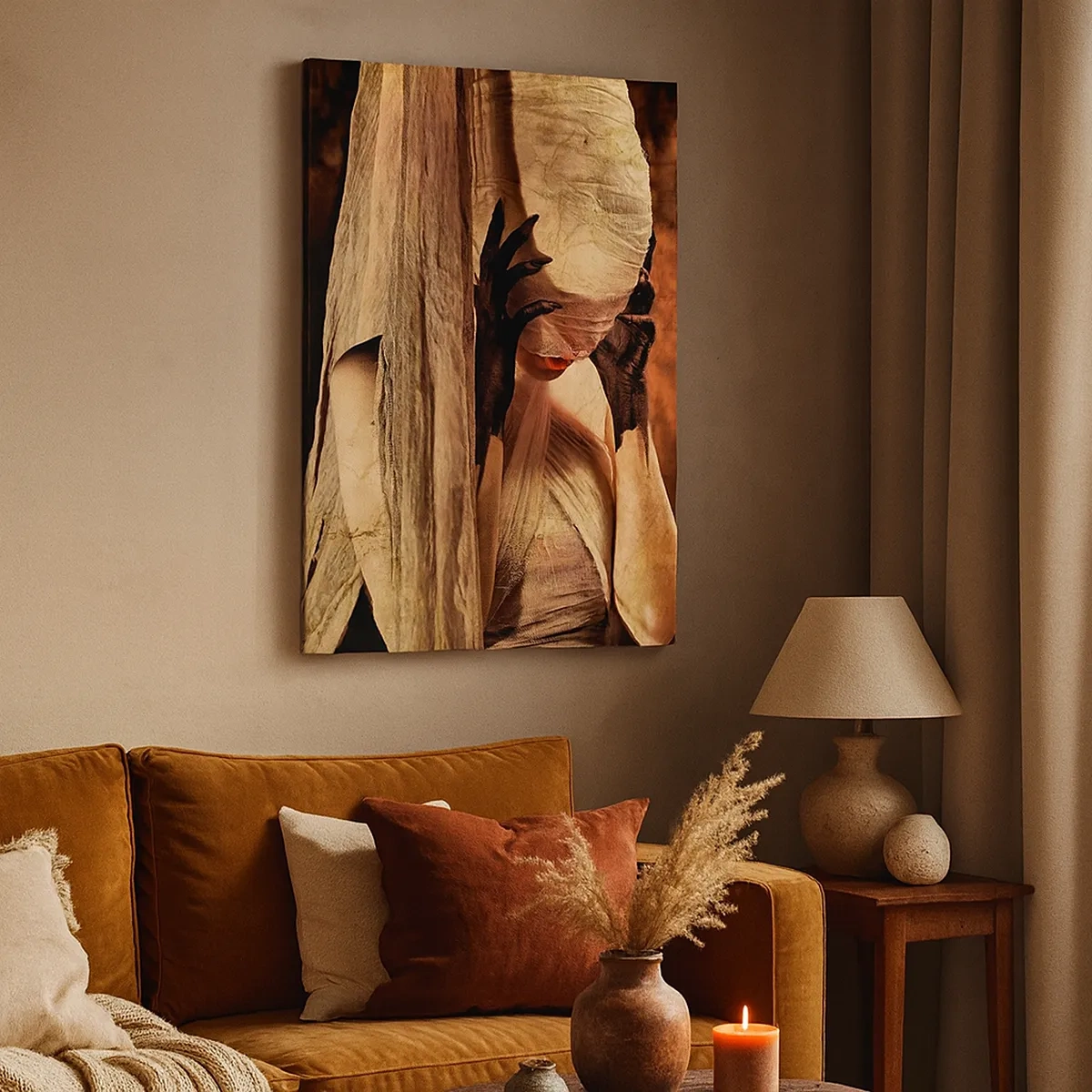 Obraz na płótnie - Postać z zawiązaną twarzą i nożyczkami w rękach - 50x70cm - Między dobrem a złem - Nowoczesna dekoracja ścienna do salonu, kuchni i sypialni ARTTOR