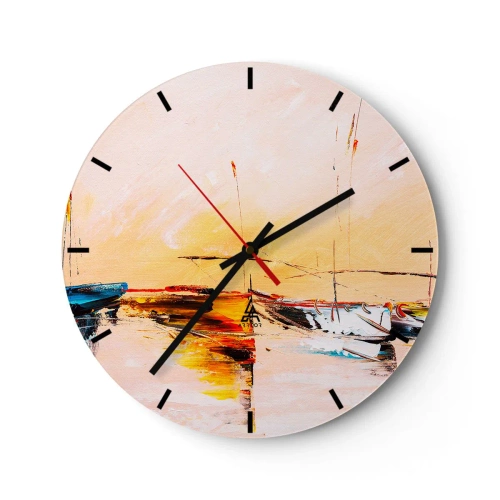 Zegar ścienny - Żaglówki w malarskiej przystani o zachodzie słońca - 30x30cm - Wieczór w przystani - Nowoczesna dekoracja ścienna do salonu, kuchni i sypialni ARTTOR