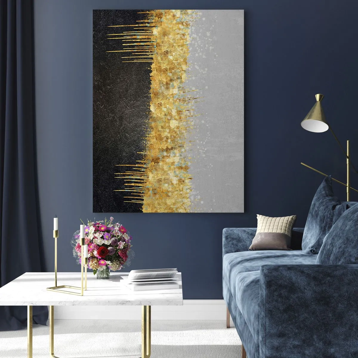 Obraz na szkle - Złota abstrakcja z kontrastem czerni i szarości - 50x70cm - W głąb i ku górze - Nowoczesna dekoracja ścienna do salonu, kuchni i sypialni ARTTOR