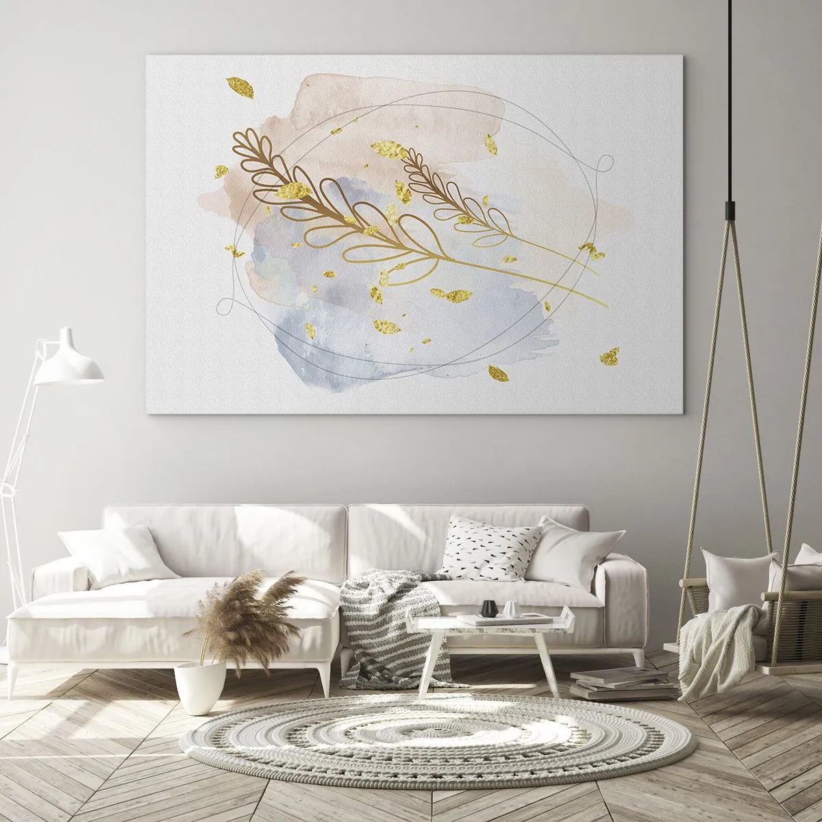 Obraz na szkle - Delikatna kompozycja z gałązkami i złotymi liśćmi na akwareli - 70x50cm - Złoty podmuch - Nowoczesna dekoracja ścienna do salonu i sypialni ARTTOR