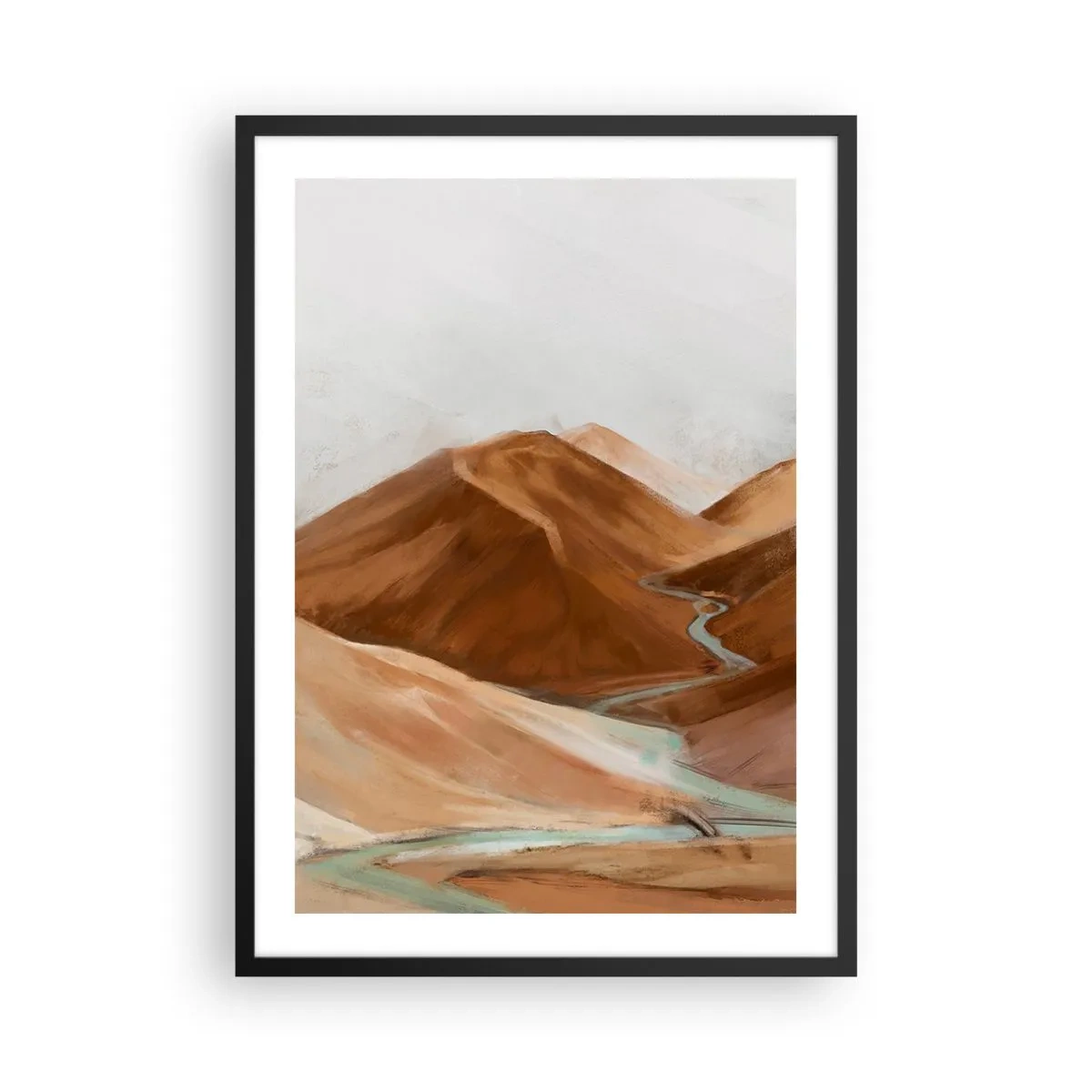Plakat w czarnej ramie - Rzeka przepływająca przez brązowe góry, stylizowany krajobraz - 50x70cm - Do źródła - Nowoczesna dekoracja ścienna do salonu i sypialni ARTTOR