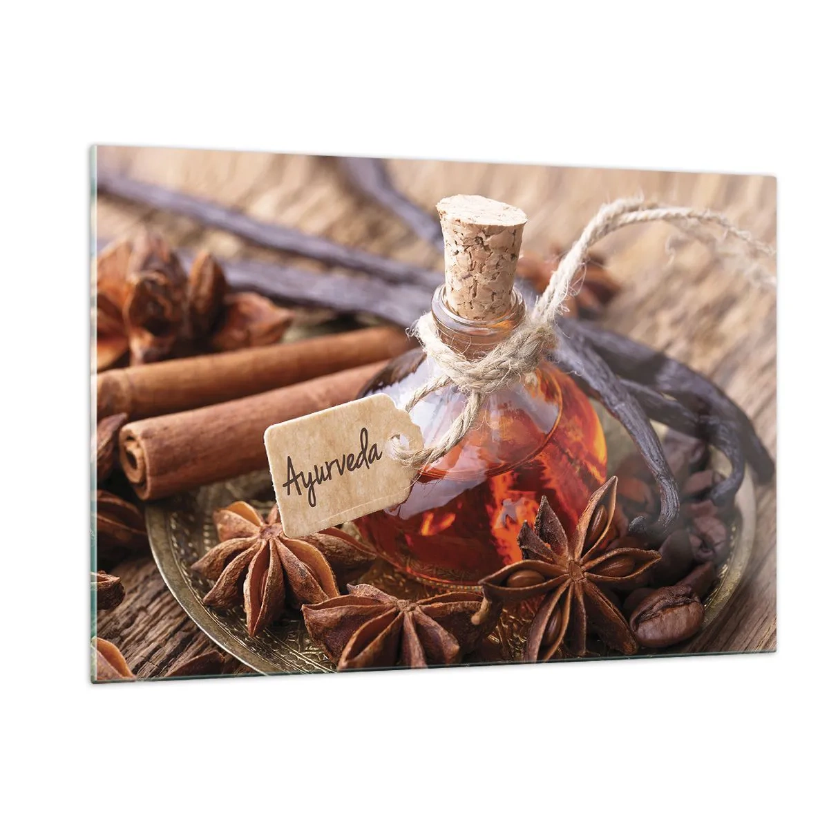 Obraz na szkle - Butelka z olejkiem i przyprawami w stylu ajurwedyjskim - 120x80cm - Ku jedności ciała i ducha - Nowoczesna dekoracja ścienna do salonu, kuchni i sypialni ARTTOR