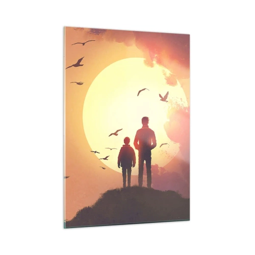 Obraz na szkle - Postacie ojca i syna stojące na tle zachodzącego słońca i fruwających ptaków - 50x70cm - Ze słońcem twarzą w twarz - Nowoczesna dekoracja ścienna do salonu, kuchni i sypialni ARTTOR