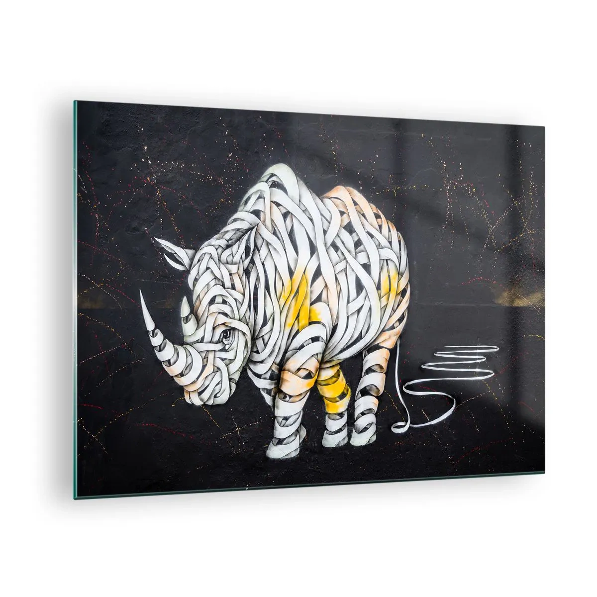 Obraz na szkle - Abstrakcyjny rysunek nosorożca w formie pasków - 70x50cm - Gruboskórność to mit - Nowoczesna dekoracja ścienna do salonu i sypialni ARTTOR