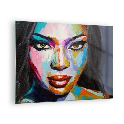 Obraz na szkle - Kolorowy portret kobiety w wyrazistym stylu - 70x50cm - Nie sposób oderwac oczu - Nowoczesna dekoracja ścienna do salonu i sypialni ARTTOR