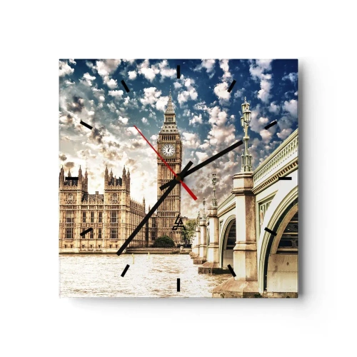 Zegar ścienny - Big Ben i Westminster Bridge oświetlone słońcem w Londynie - 30x30cm - Pierzaste obłoki nad Tamizą - Nowoczesna dekoracja ścienna do salonu i sypialni ARTTOR