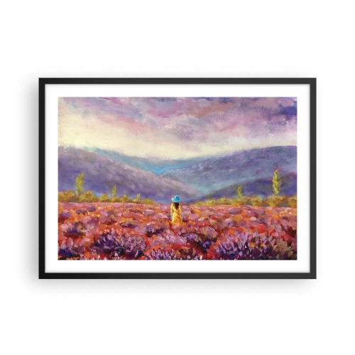 Plakat w czarnej ramie - Kobieta w kapeluszu spacerująca po polu lawendy - 70x50cm - W lawendowym świecie - Nowoczesna dekoracja ścienna do salonu i sypialni ARTTOR