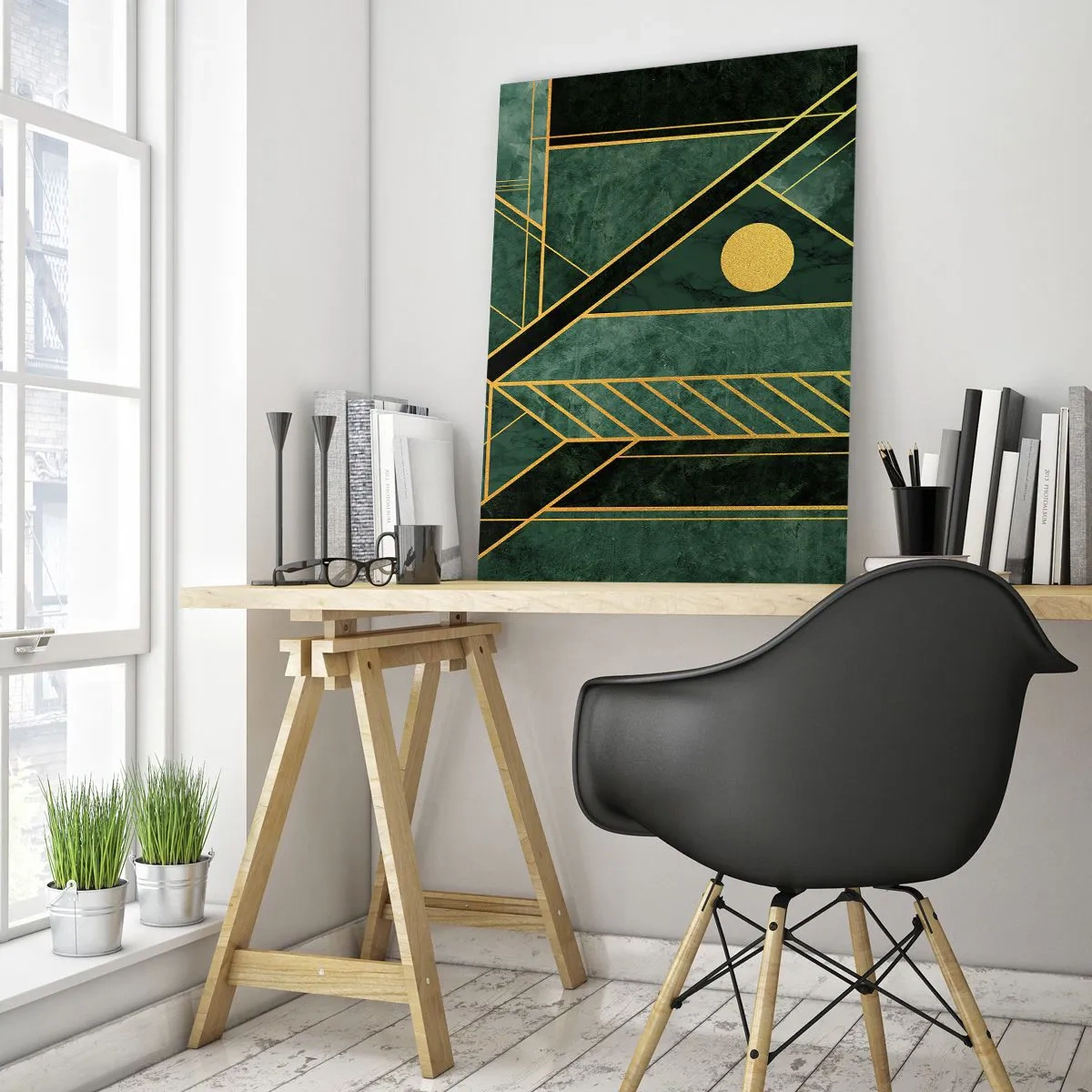 Obraz na szkle - Geometria w zieleni i złocie z eleganckim wzorem - 70x100cm - Dynamika złota i lazuru - Nowoczesna dekoracja ścienna do salonu i sypialni ARTTOR