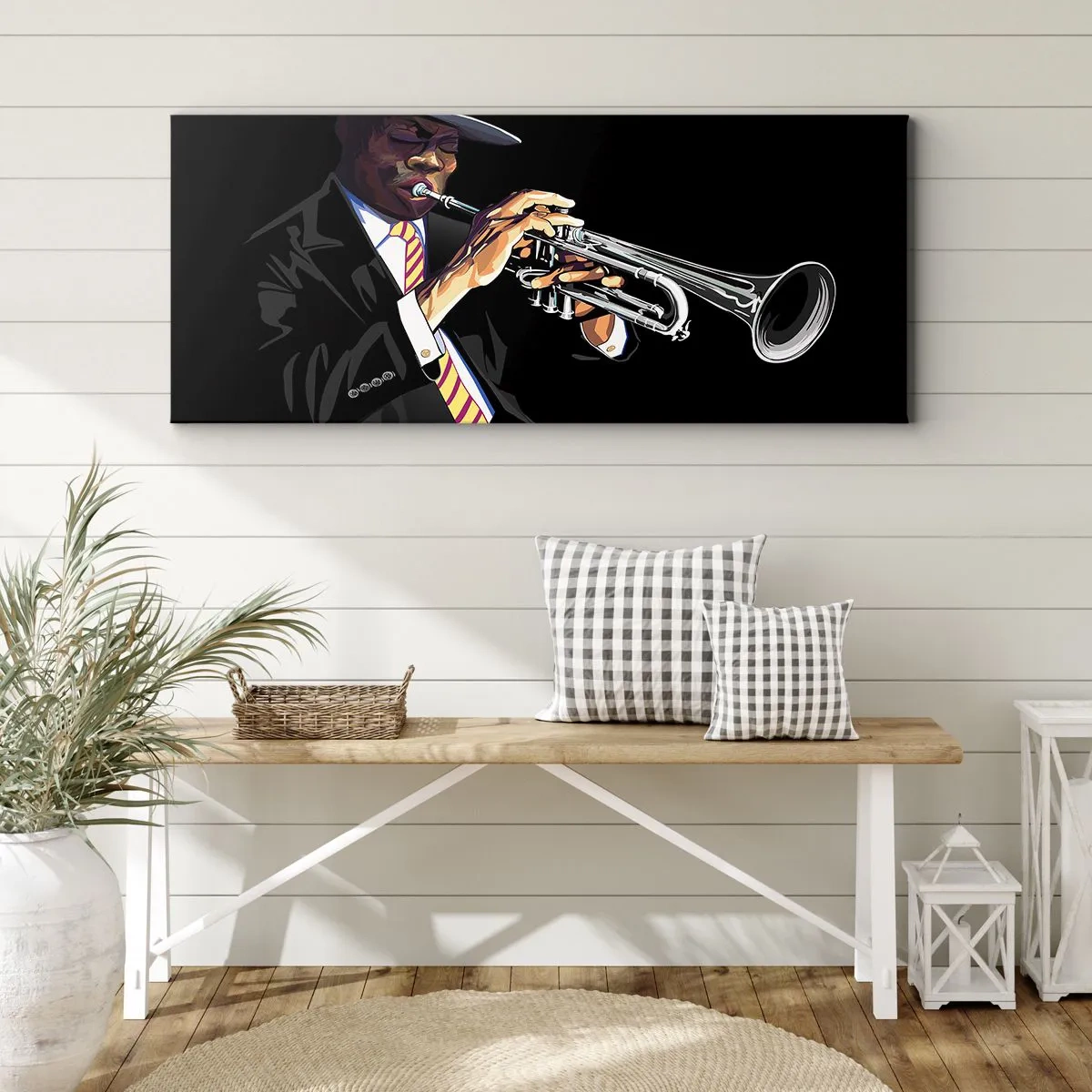 Obraz na płótnie - Muzyk grający na trąbce na czarnym tle - 140x50cm - Czar starej szkoły - Nowoczesna dekoracja ścienna do salonu i sypialni ARTTOR