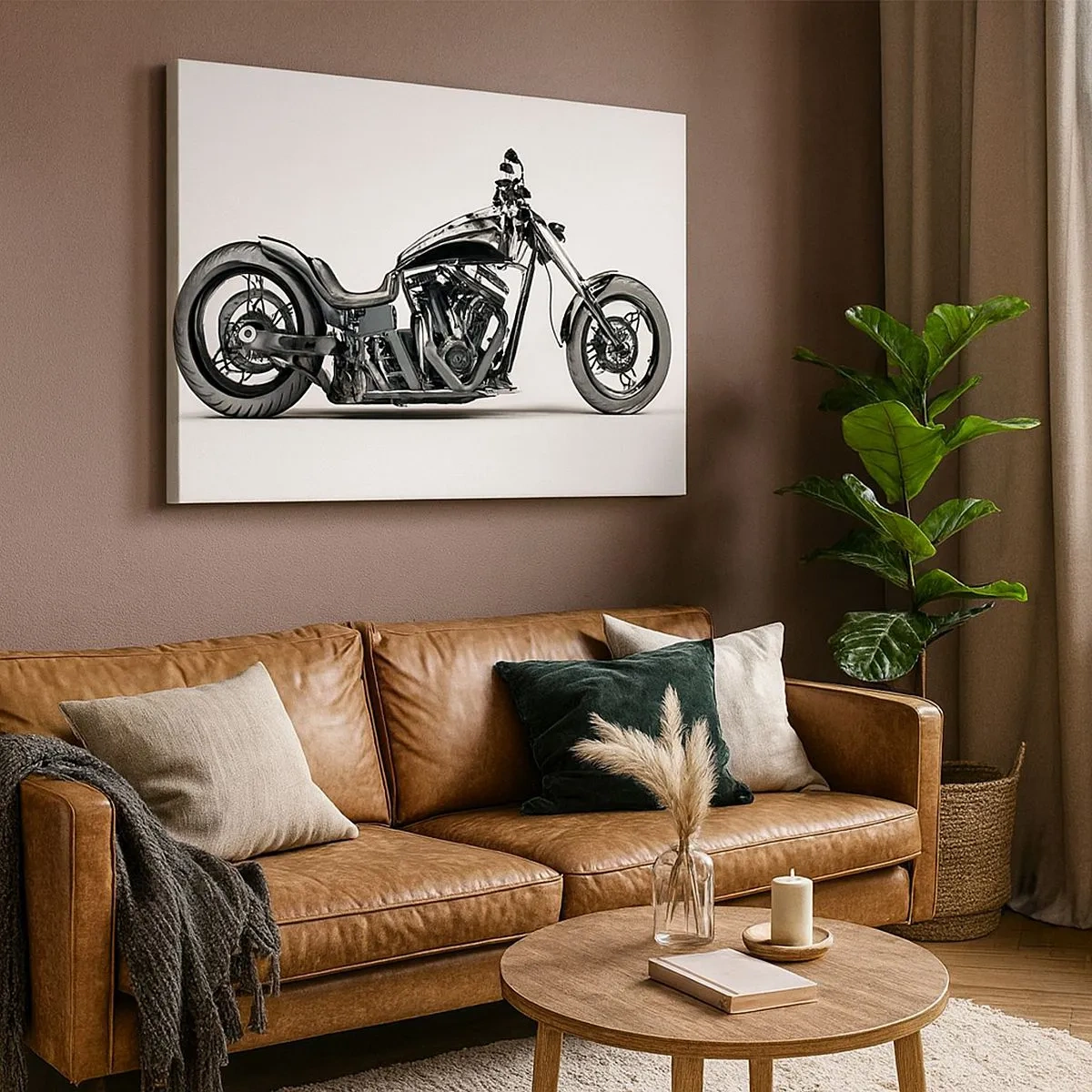 Obraz na płótnie - Stylowy czarny motocykl custom na białym tle - 70x50cm - Dla kochających wolność - Nowoczesna dekoracja ścienna do salonu i sypialni ARTTOR