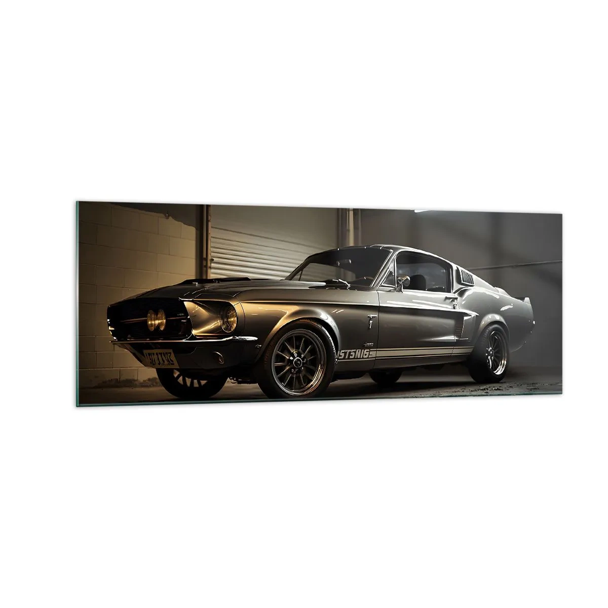 Obraz na szkle - Klasyczny samochód w garażu w stylu retro - 140x50cm - Powrót do przeszłości - Nowoczesna dekoracja ścienna do salonu i sypialni ARTTOR