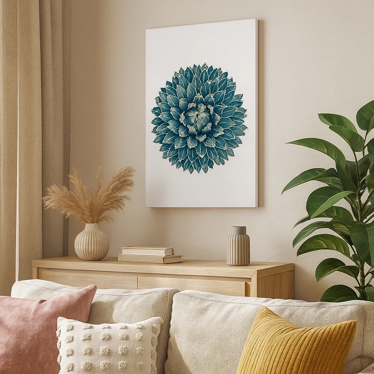 Obraz na płótnie - Symetryczna rozeta sukulenta o niebiesko-zielonych liściach na jasnym tle - 50x70cm - Gwiazda pustyni - Nowoczesna dekoracja ścienna do salonu, kuchni i sypialni ARTTOR