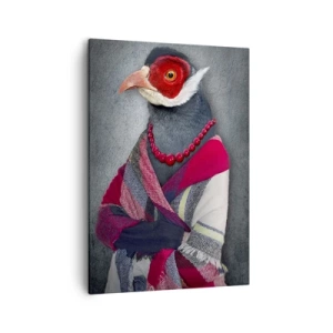 Obraz na płótnie - Elegancki bażant w szalu i perłach na szarym tle - 50x70cm - Co ja tu robię?! - Nowoczesna dekoracja ścienna do salonu, kuchni i sypialni ARTTOR