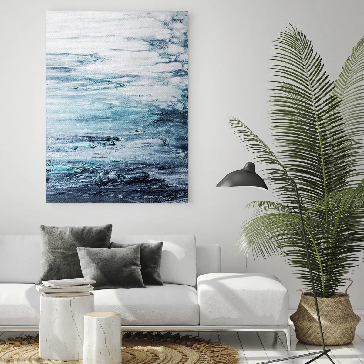 Obraz na szkle - Abstrakcyjny wzór przypominający wodne strugi w odcieniach niebieskiego - 50x70cm - Sople błękitu - Nowoczesna dekoracja ścienna do salonu, kuchni i sypialni ARTTOR