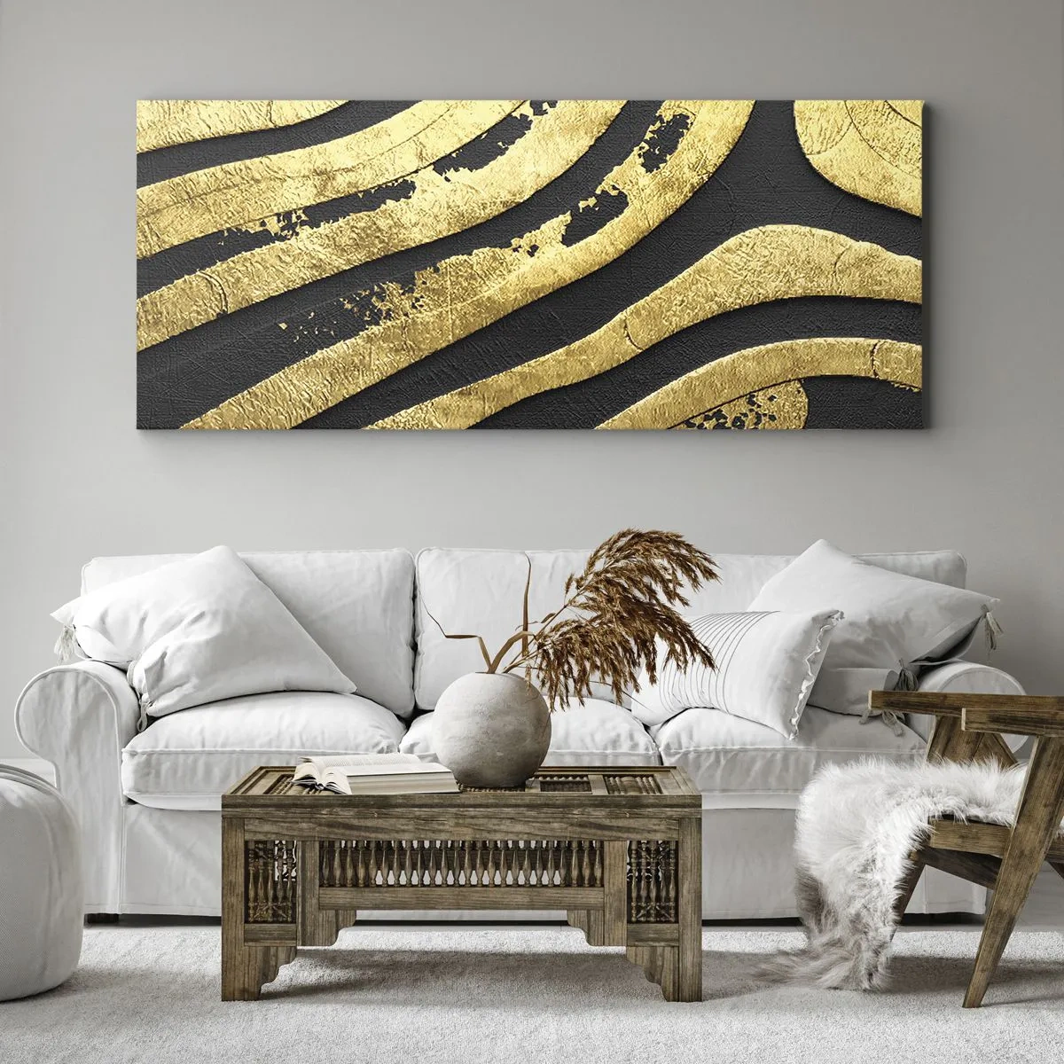 Obraz na płótnie - Złote abstrakcyjne fale na czarnym tle - 160x50cm - Wszystko płynie - Nowoczesna dekoracja ścienna do salonu i sypialni ARTTOR