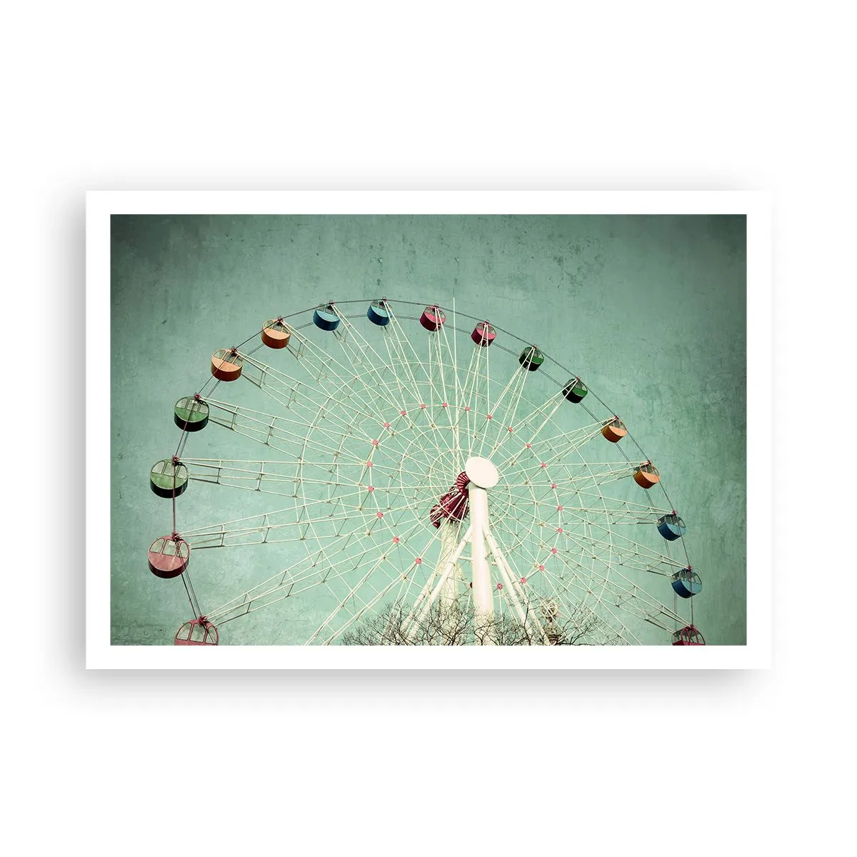 Plakat - Kolorowy diabelski młyn na tle błękitnego nieba w stylu retro - 100x70cm - Zapraszamy do zabawy - Nowoczesna dekoracja ścienna do salonu i sypialni ARTTOR