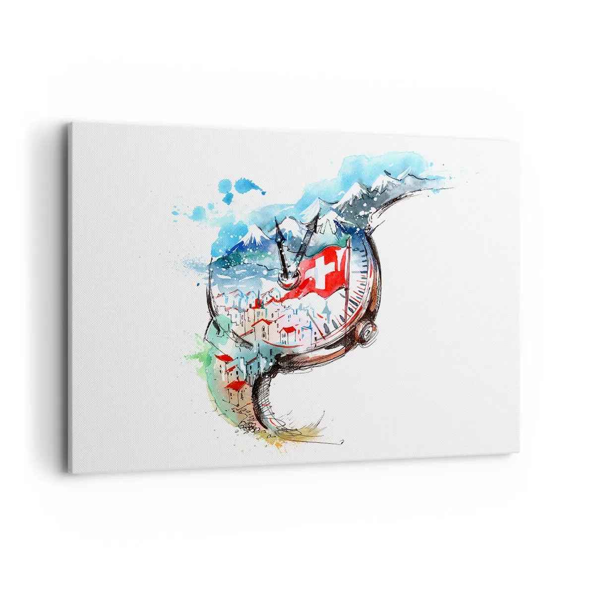 Obraz na płótnie - Akwarelowy krajobraz Szwajcarii w zegarku - 100x70cm - Duch Szwajcarii - Nowoczesna dekoracja ścienna do salonu, kuchni i sypialni ARTTOR