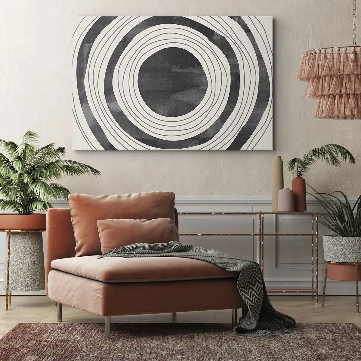 Obraz na płótnie - Czarno-białe koncentryczne okręgi na jasnym tle - 70x50cm - W samo sedno - Nowoczesna dekoracja ścienna do salonu i sypialni ARTTOR