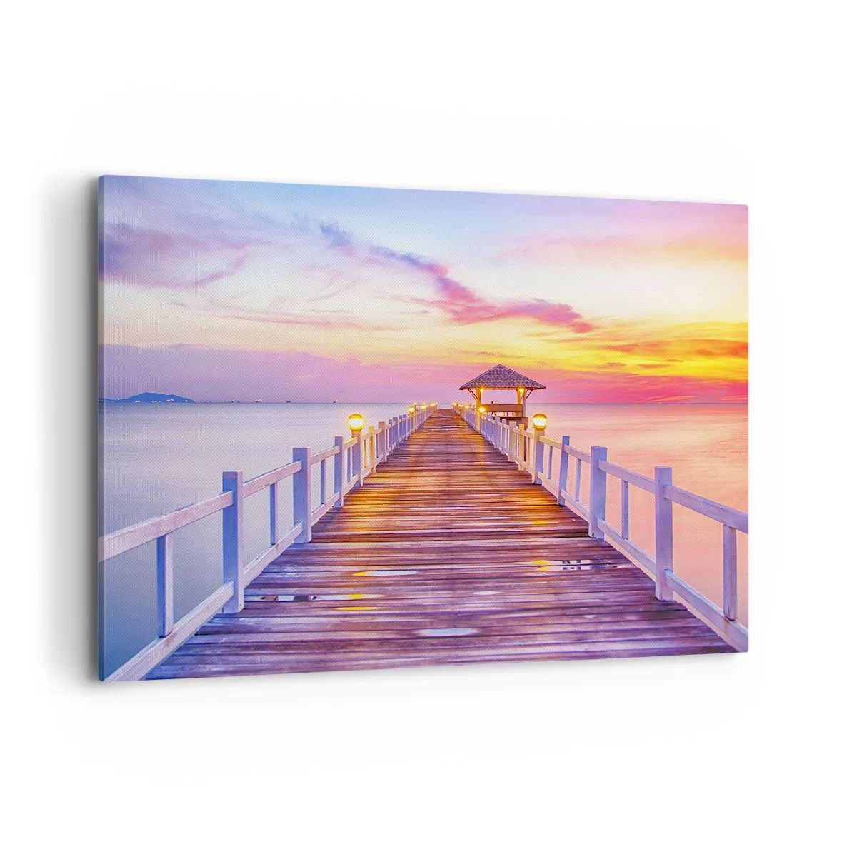 Obraz na płótnie - Pomost nad wodą o zachodzie słońca w pastelowych barwach - 100x70cm - Liliowo-złota cisza wieczoru - Nowoczesna dekoracja ścienna do salonu, kuchni i sypialni ARTTOR