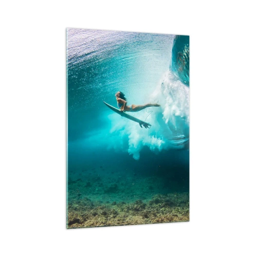 Obraz na szkle - Surferka pod falą w błękitnej wodzie oceanu - 70x100cm - Podwodny świat - Nowoczesna dekoracja ścienna do salonu i sypialni ARTTOR
