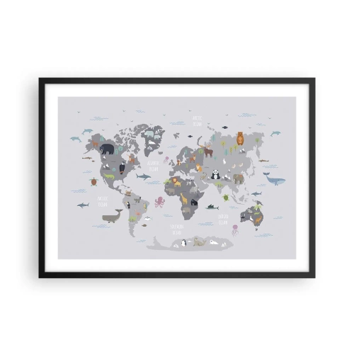 Plakat w czarnej ramie - Mapa świata z ilustracjami zwierząt na szarym tle - 70x50cm - Powiedz mi, skąd jesteś… - Nowoczesna dekoracja ścienna do salonu i sypialni ARTTOR
