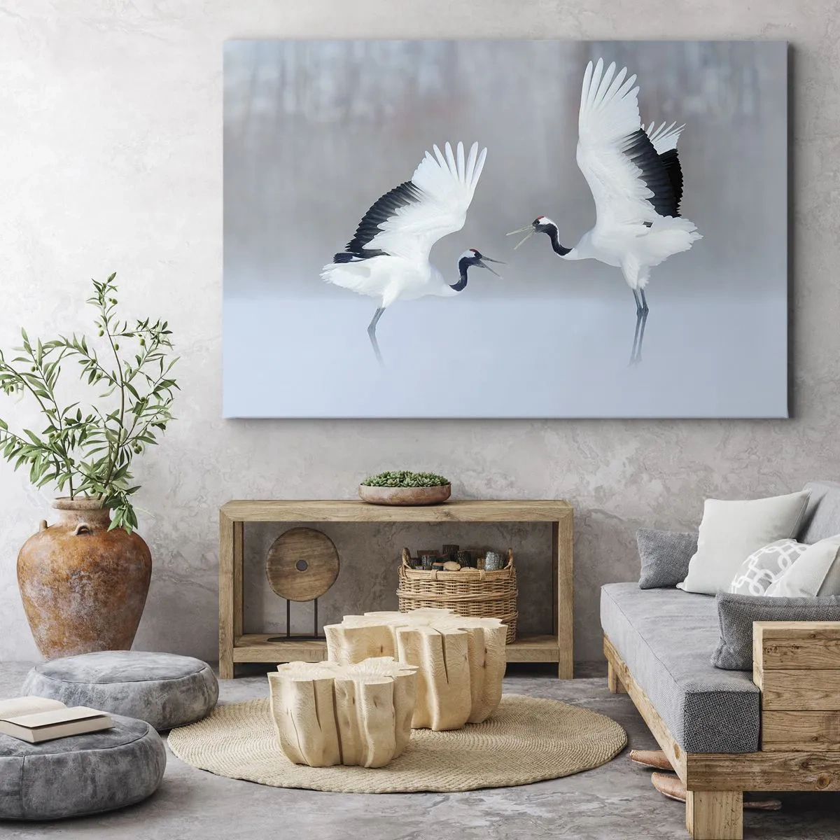Obraz na płótnie - Dwa żurawie tańczące w mglistej scenerii - 70x50cm - Taniec we mgle - Nowoczesna dekoracja ścienna do salonu i sypialni ARTTOR