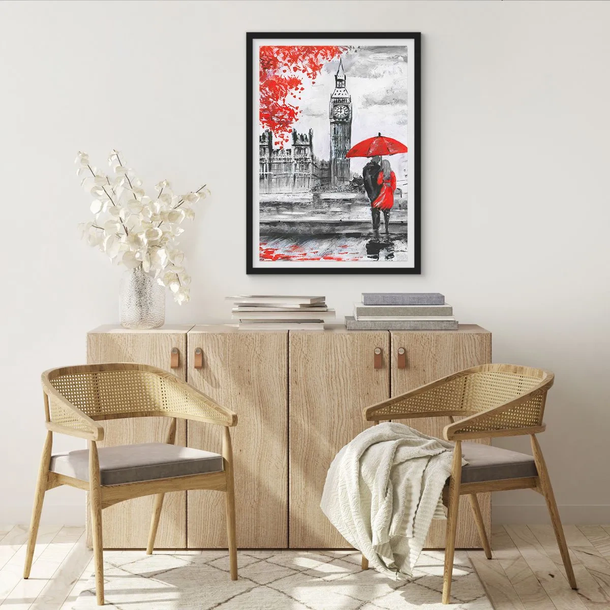 Plakat w czarnej ramie - Postać z czerwonym parasolem na tle Big Bena w Londynie - 50x70cm - Zakochani w Londynie - Nowoczesna dekoracja ścienna do salonu i sypialni ARTTOR