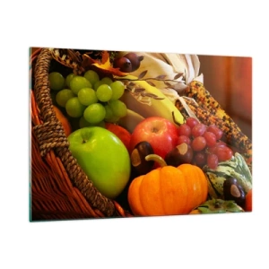Obraz na szkle - Koszyk pełen owoców i warzyw w jesiennej aranżacji - 120x80cm - Koszyk urodzaju - Nowoczesna dekoracja ścienna do salonu, kuchni i sypialni ARTTOR