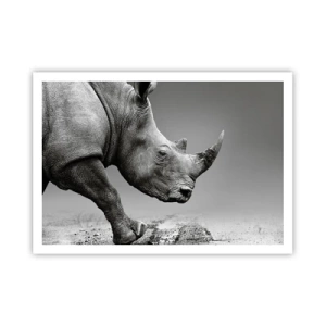 Plakat - Portret nosorożca na tle szarej pustyni - 100x70cm - Niepowstrzymana siła - Nowoczesna dekoracja ścienna do salonu i sypialni ARTTOR