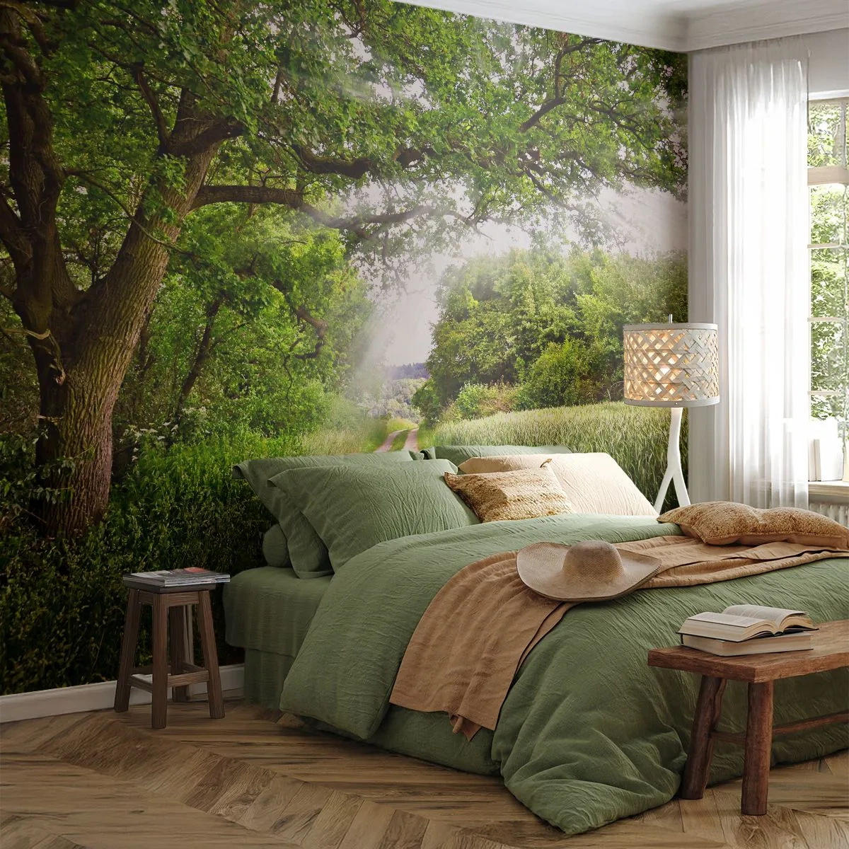 Fototapeta Premium Sand - Leśna droga otoczona zielonymi drzewami i polami - 100x70cm - Et in Arcadia ego - Nowoczesna dekoracja ścienna do salonu, kuchni i sypialni ARTTOR