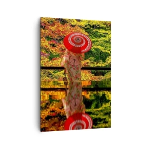 Obraz na płótnie - Kobieta w kimonie z parasolem na tle jesiennego krajobrazu - 70x100cm - W świątyni natury - Nowoczesna dekoracja ścienna do salonu i sypialni ARTTOR