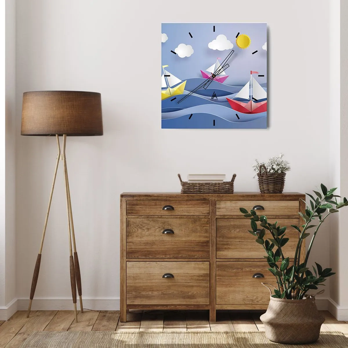 Zegar ścienny - Kolorowe żaglówki na falach w słoneczny dzień - 30x30cm - Ach, jak przyjemnie kołysać się wśród fal - Nowoczesna dekoracja ścienna do salonu i sypialni ARTTOR