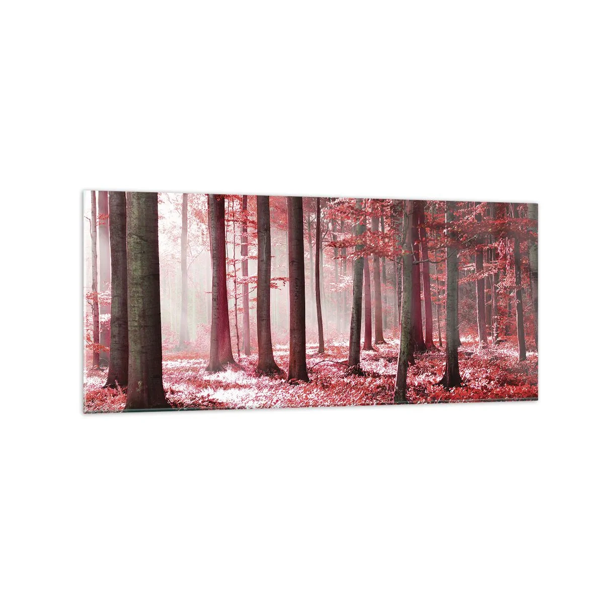 Obraz na szkle - Zachwycający las w czerwonych barwach z promieniami światła przenikającymi przez drzewa - 120x50cm - Czerwony równie piękny - Nowoczesna dekoracja ścienna do salonu i sypialni ARTTOR