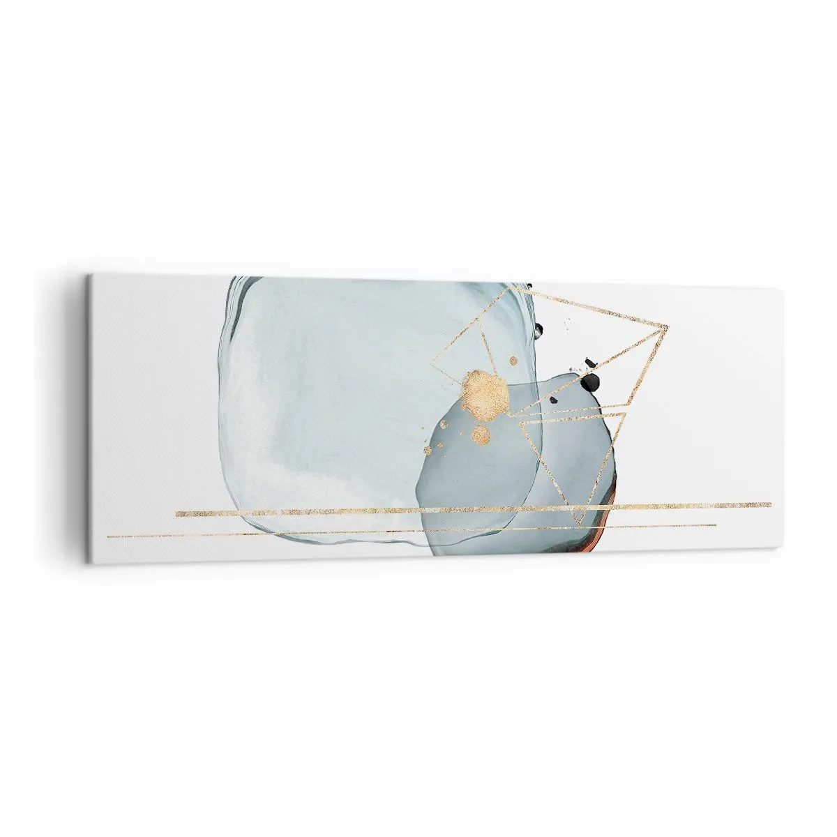 Obraz na płótnie - Abstrakcyjne formy w odcieniach błękitu i złota na białym tle - 140x50cm - Studium kropli - Nowoczesna dekoracja ścienna do salonu i sypialni ARTTOR