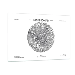 Obraz na szkle - Czarno-biała mapa Birmingham w nowoczesnym stylu graficznym - 120x80cm - Anatomia Birmingham - Nowoczesna dekoracja ścienna do salonu, kuchni i sypialni ARTTOR