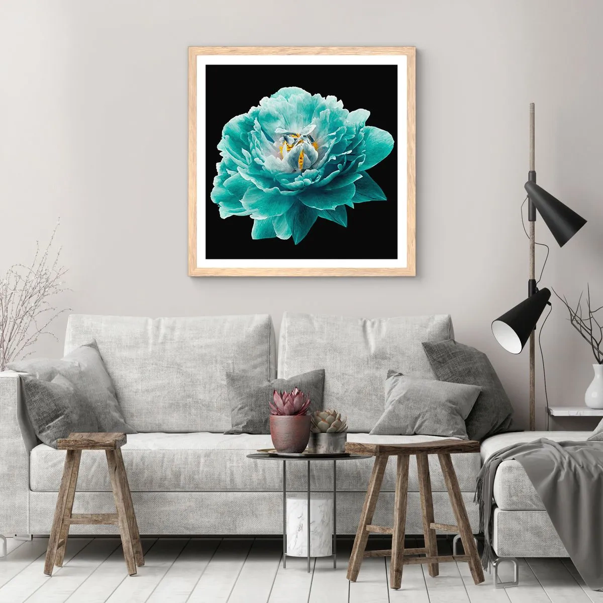 Plakat w ramie jasny dąb - Płatki błękitne i złote - 30x30 cm