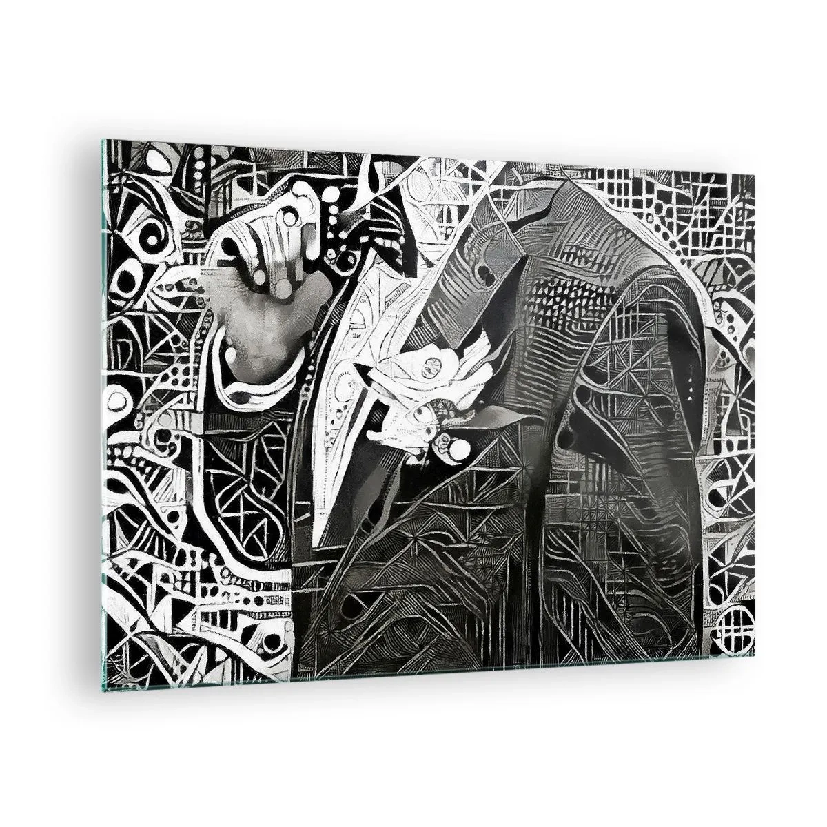 Obraz na szkle - Czarno-biała abstrakcja z geometrycznymi wzorami - 70x50cm - Tylko na pozór szary człowiek - Nowoczesna dekoracja ścienna do salonu i sypialni ARTTOR