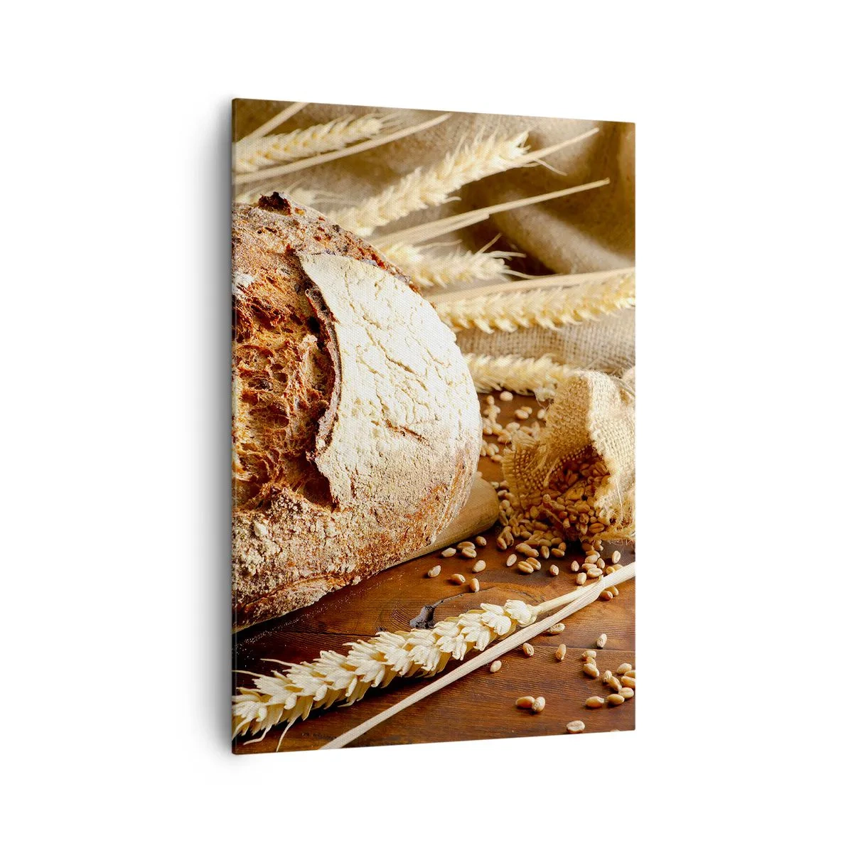 Obraz na płótnie - Chrupiący chleb z ziarnami i kłosami pszenicy na drewnianym tle - 70x100cm - Apetyczny, wonny, chrupiący - Nowoczesna dekoracja ścienna do salonu i sypialni ARTTOR