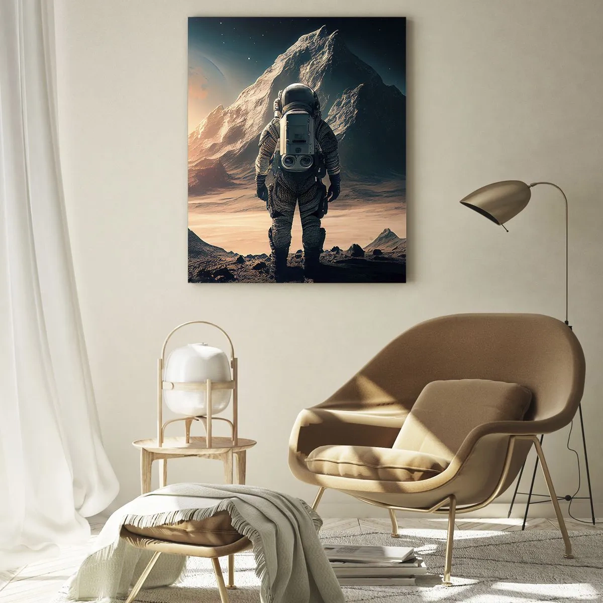 Obraz na szkle - Astronauta na tle majestatycznych gór - 80x120cm - Nowe wyzwanie - Nowoczesna dekoracja ścienna do salonu i sypialni ARTTOR
