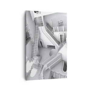 Obraz na płótnie - Abstrakcyjna kompozycja schodów w surrealistycznym układzie przestrzeni - 80x120cm - Paradoksy przestrzeni - Nowoczesna dekoracja ścienna do salonu i sypialni ARTTOR