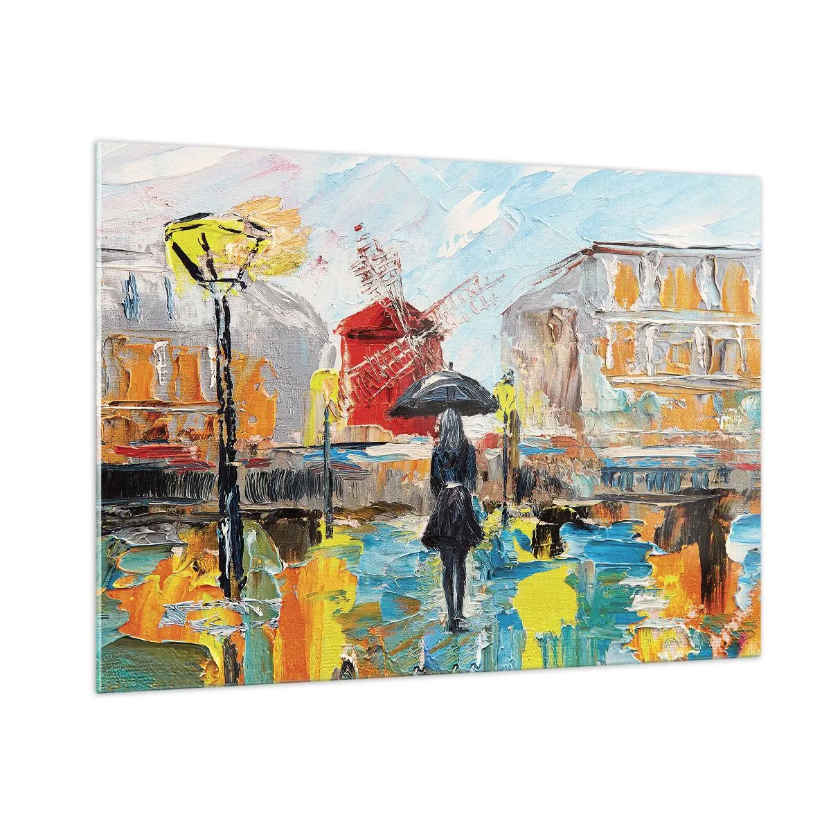 Obraz na szkle - Kobieta z parasolem na tle miasta w stylu impresji - 100x70cm - Paryskie legendy - Nowoczesna dekoracja ścienna do salonu, kuchni i sypialni ARTTOR