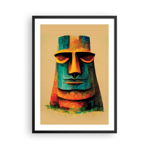 Plakat w czarnej ramie - Kolorowa interpretacja posągu Moai na beżowym tle - 50x70cm - Posągowy, a sympatyczny - Nowoczesna dekoracja ścienna do salonu i sypialni ARTTOR