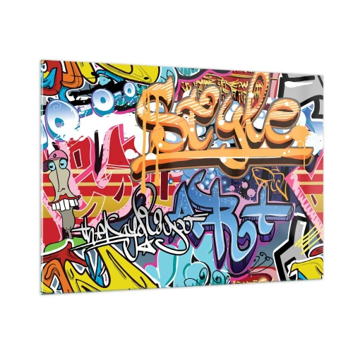 Obraz na szkle - Kolorowe graffiti z dynamicznymi napisami i rysunkami - 100x70cm - Murale, murale, murale… - Nowoczesna dekoracja ścienna do salonu, kuchni i sypialni ARTTOR