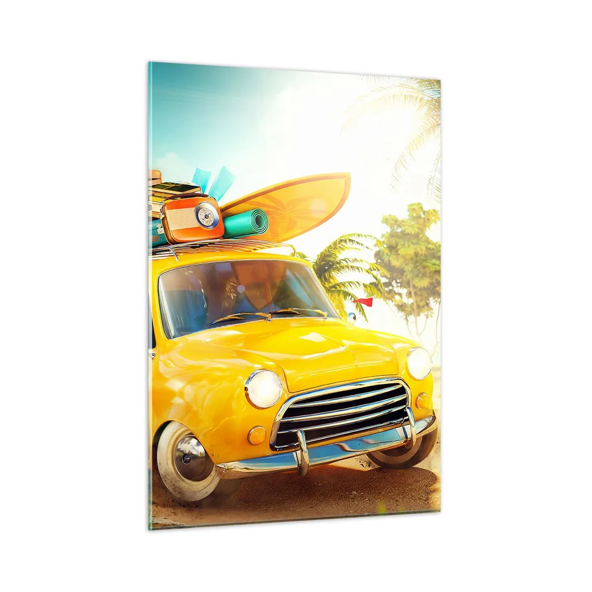 Obraz na szkle - Żółty samochód z bagażem na dachu na tropikalnej plaży - 50x70cm - Podróż po niejeden uśmiech - Nowoczesna dekoracja ścienna do salonu, kuchni i sypialni ARTTOR