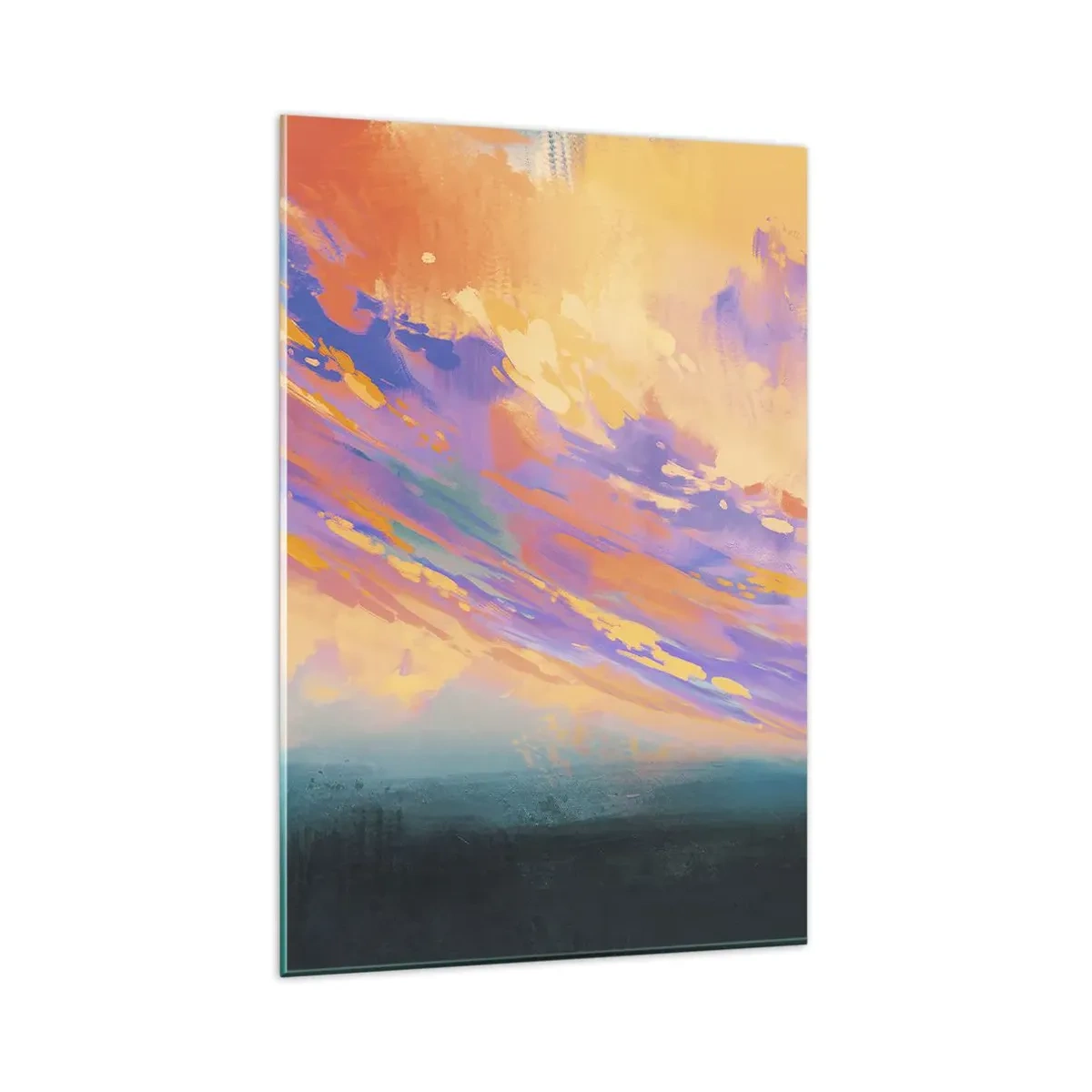 Obraz na szkle - Dynamiczna scena z postaciami na tle kolorowego nieba o zachodzie słońca - 80x120cm - Siła przyciągania - Nowoczesna dekoracja ścienna do salonu i sypialni ARTTOR