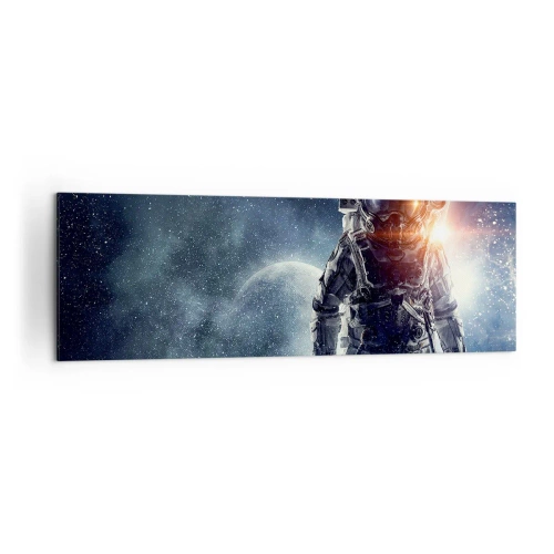 Obraz na płótnie - Astronauta na tle kosmosu i planety Ziemi - 160x50cm - Kosmiczna przygoda - Nowoczesna dekoracja ścienna do salonu i sypialni ARTTOR